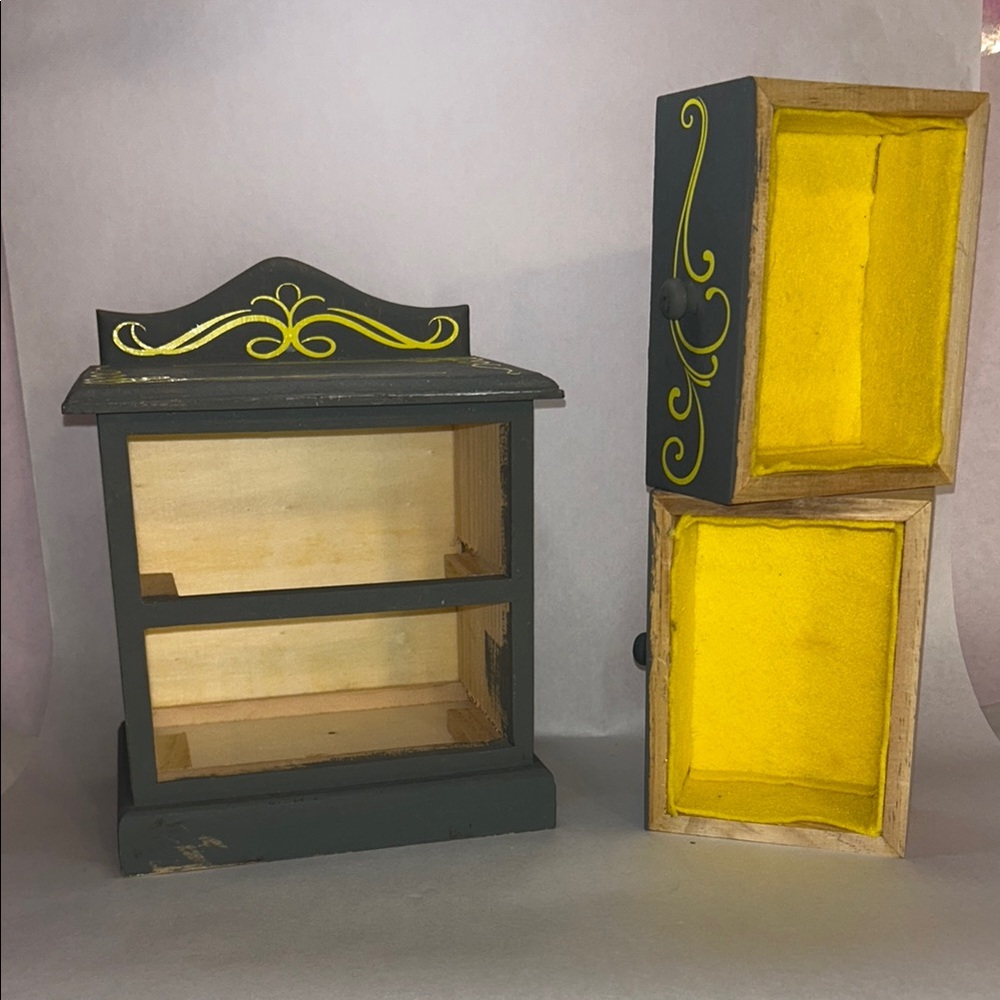 Hand-Made/Painted Gray Jewelry Box/Dollhouse 2 Drawer Dresser w/Neon Yellow Dsgn - Picture 2 of 16